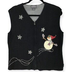 Woolrich Sweater Vest Women's Large Zip Up Christmas Theme Snowman Snow Flakes